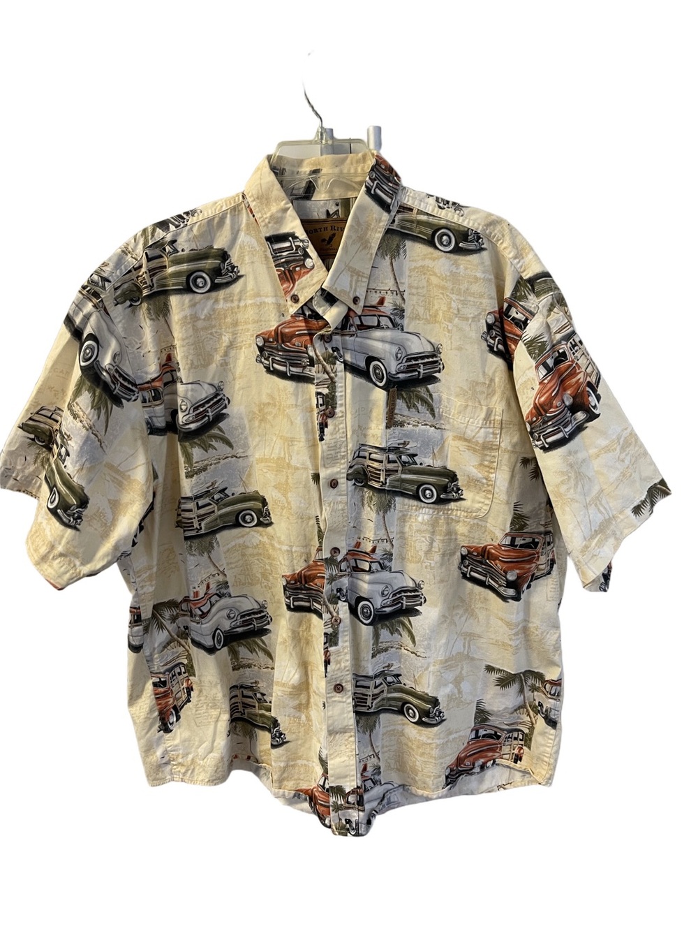 North River Men’s Classic Large Car Print Short-Sleeve Shirt - Cream Sz 2XL
